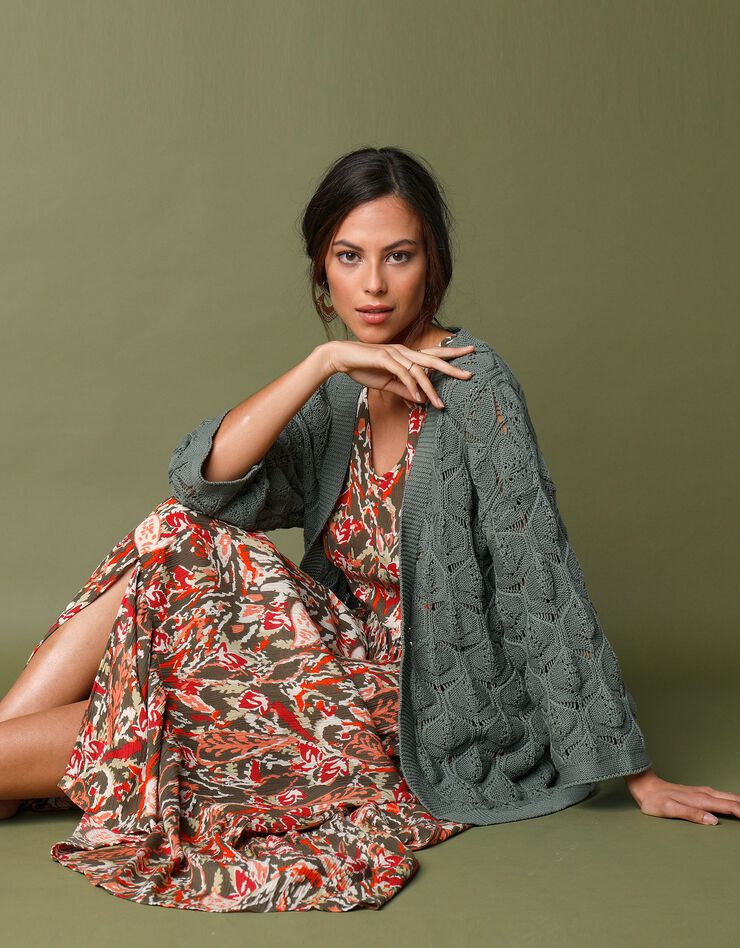 Gilet kimono, maille ajourée (vert amande)
