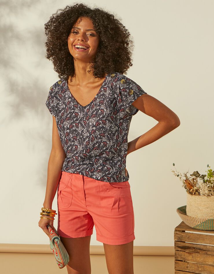 Tee-shirt imprimé col V, manches courtes et boutons sur épaules (marine) Tee-shirt imprimé col V, manches courtes et boutons sur épaules (marine)