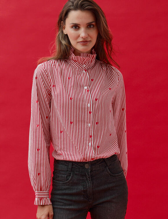 Chemisier en coton ray&eacute; motifs coeurs, col volant&eacute; (rouge / &eacute;cru)