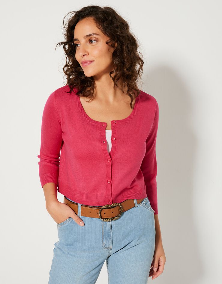 Gilet boléro boutonné toucher cachemire (rose fuchsia) Gilet boléro boutonné toucher cachemire (rose fuchsia)