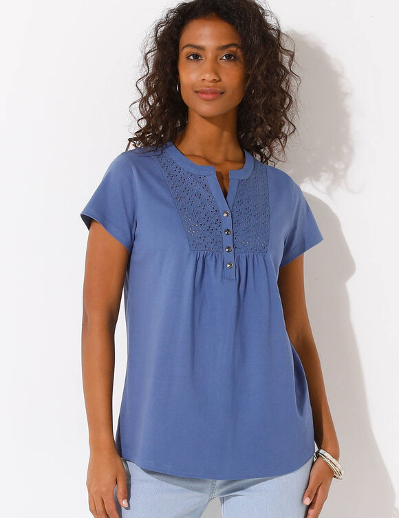T-shirt col tunisien manches courtes, broderie anglaise (bleu jean)