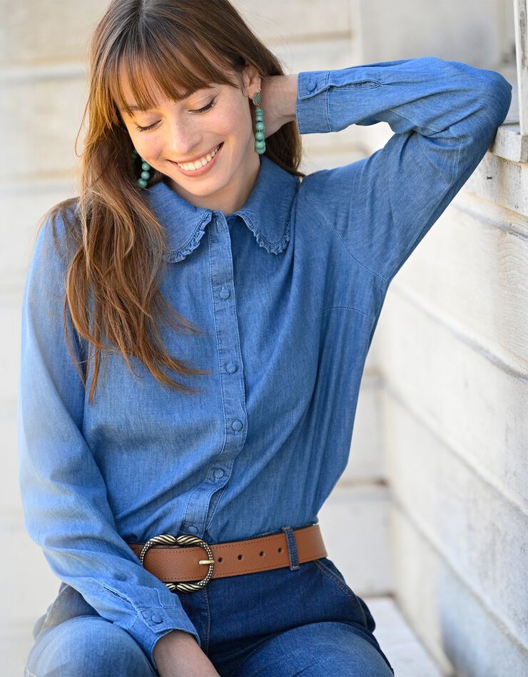 Blouse boutonnée col claudine volanté, jean (bleached) Blouse boutonnée col claudine volanté, jean (bleached)