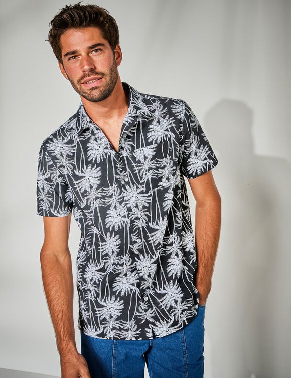Chemise imprimée manches courtes polycoton (noir / blanc)