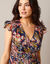 Robe manches courtes détails volantés, voile jacquard imprimé (marine / caramel)
