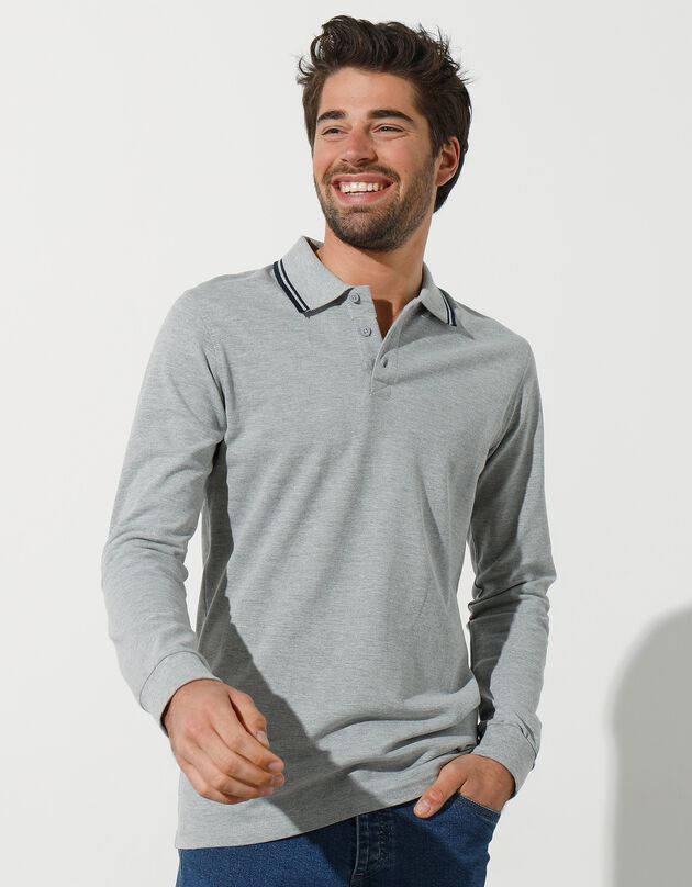 Polo uni maille piquée manches longues (gris chiné)