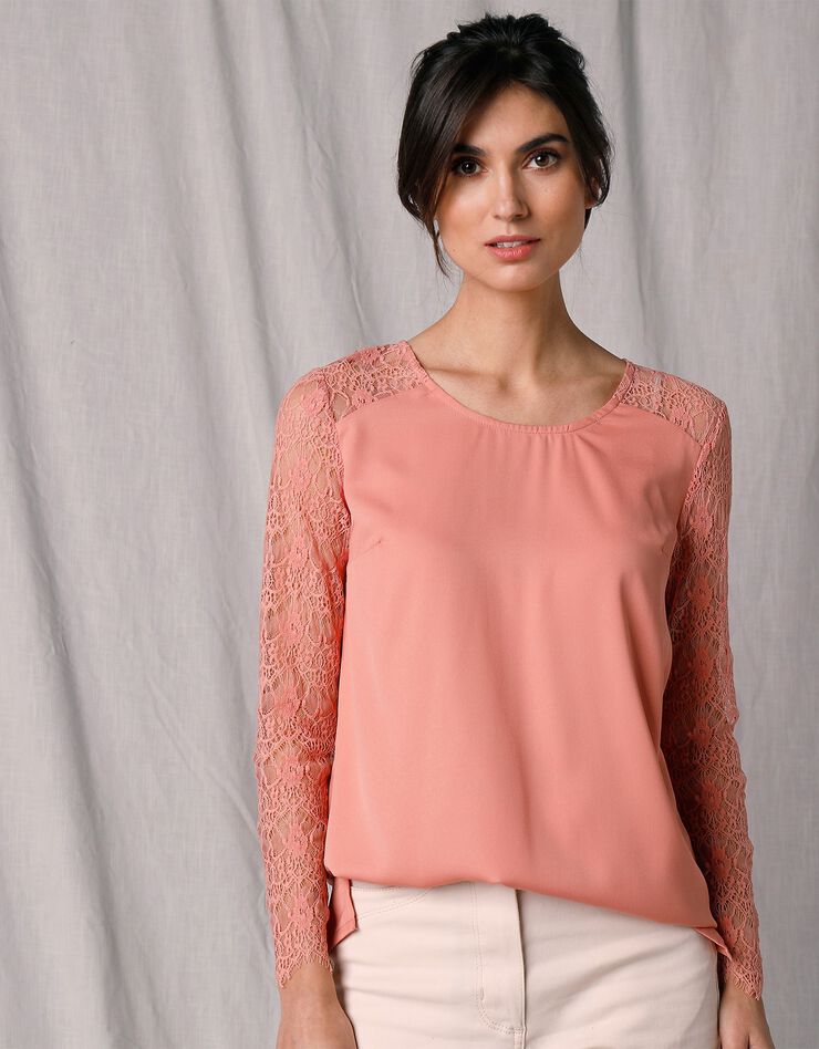 Blouse dentelle noeud dos manches longues (rose grisé) Blouse dentelle noeud dos manches longues (rose grisé)