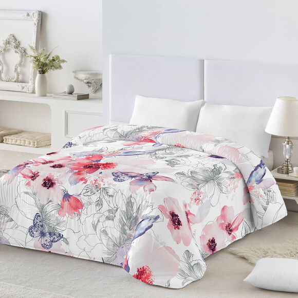 Couette coton imprim&eacute; Fleurs 400 g/m&sup2; (rouge / gris)