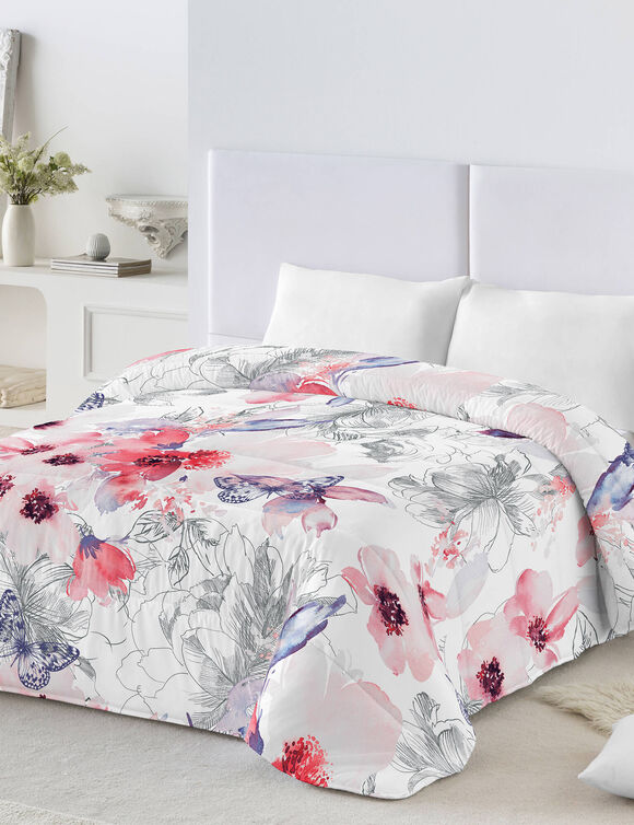 Couette coton imprim&eacute; Fleurs 400 g/m&sup2; (rouge / gris)