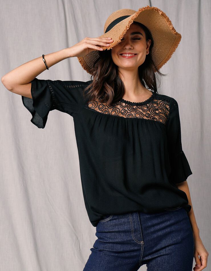 Blouse noire macramé manches 3/4 (noir) Blouse noire macramé manches 3/4 (noir)