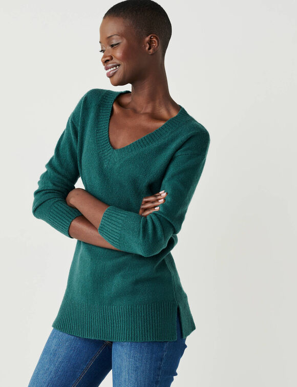 Pull tunique col V (vert &eacute;meraude)