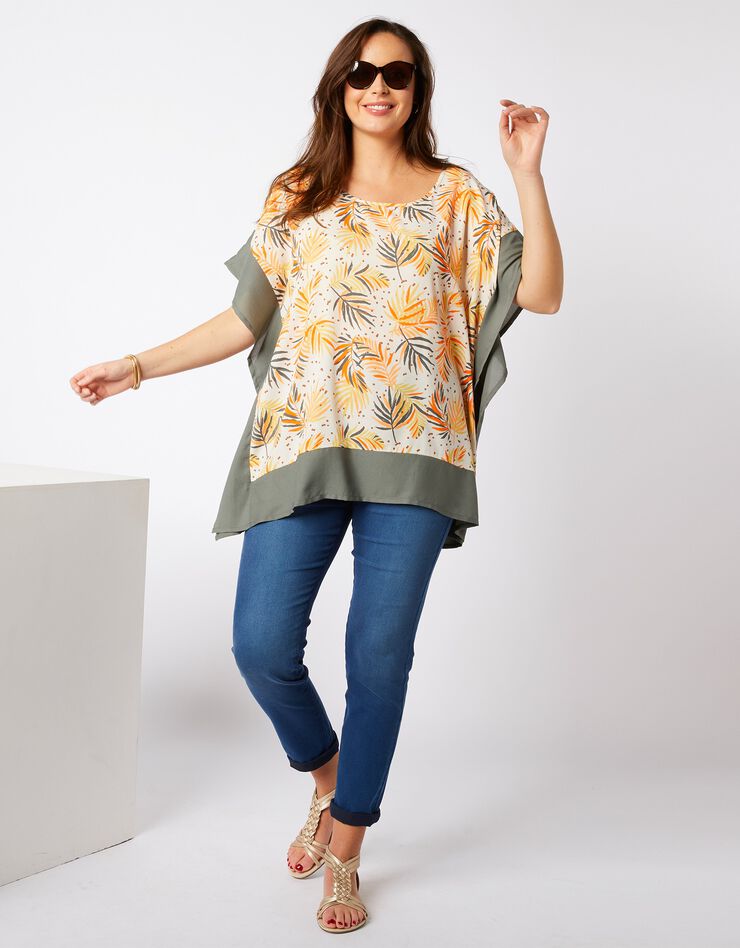 Blouse poncho imprimé feuillage (écru / kaki) Blouse poncho imprimé feuillage (écru / kaki)