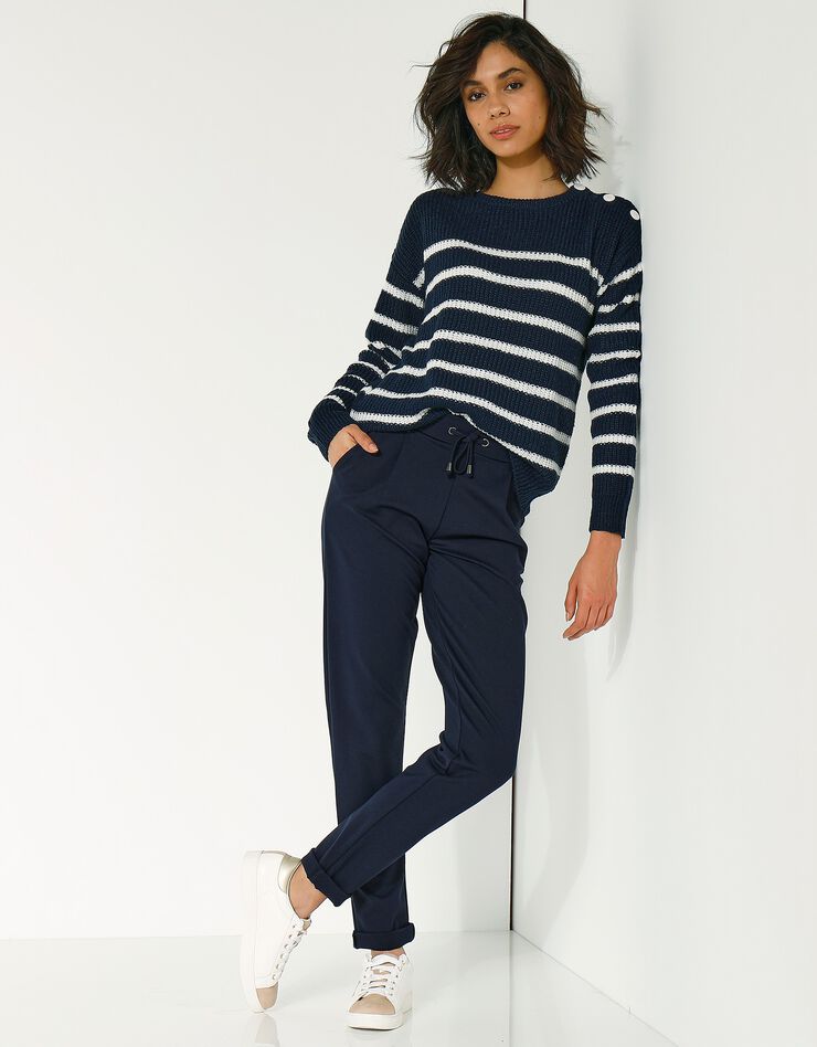 Pull rayé manches longues épaule boutonnée (marine / écru) Pull rayé manches longues épaule boutonnée (marine / écru)