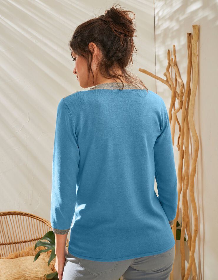 Pull col bateau bicolore, fils brillants (bleu grisé) Pull col bateau bicolore, fils brillants (bleu grisé)