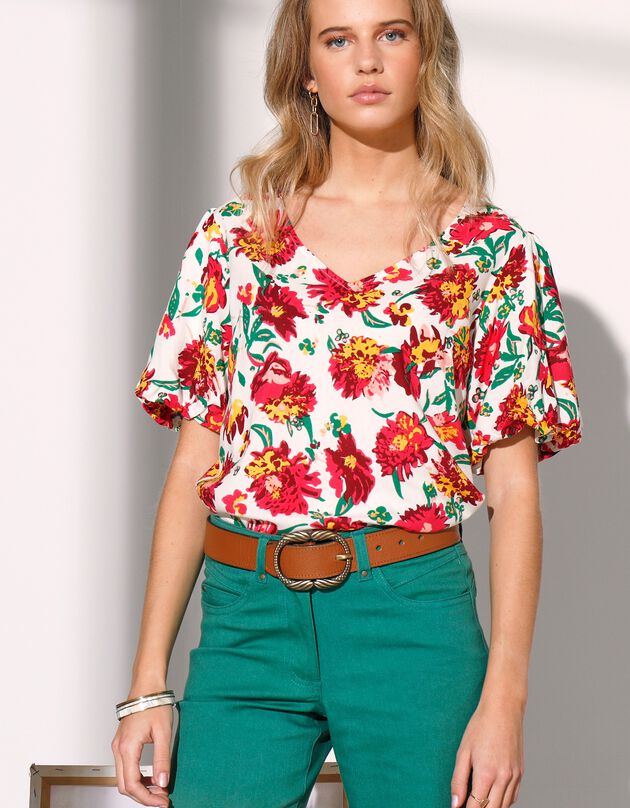 Blouse manches ballon imprimé fleuri (écru / framboise)