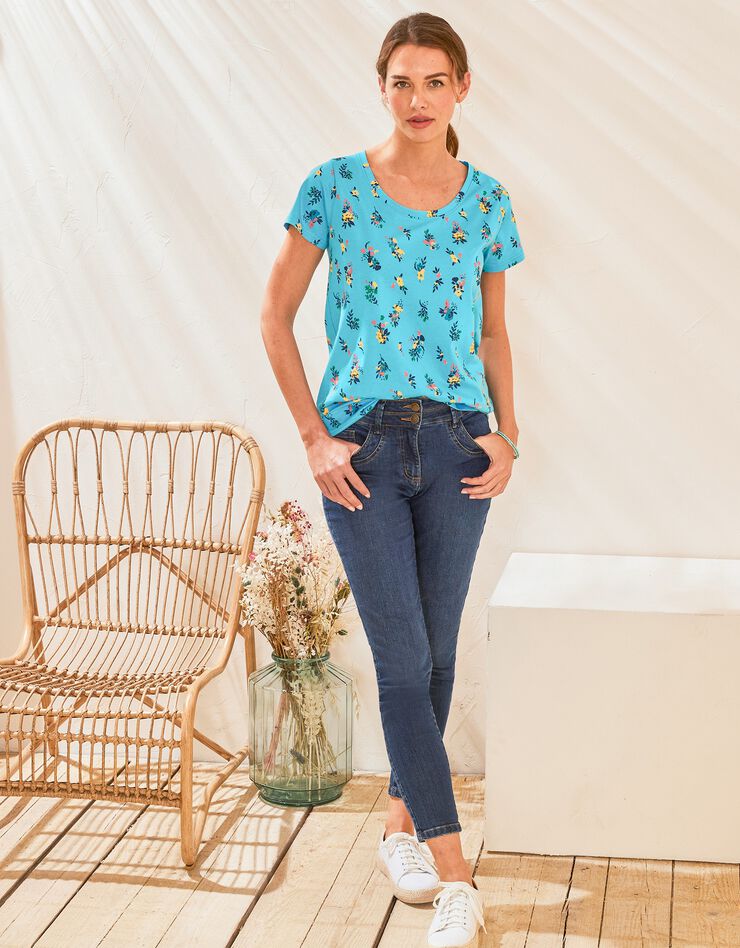 Tee-shirt col rond imprimé fleuri coton bio (turquoise) Tee-shirt col rond imprimé fleuri coton bio (turquoise)