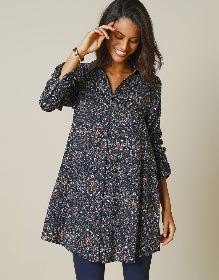 Tunique imprimée cachemire col chemise (marine / tomette) Tunique imprimée cachemire col chemise (marine / tomette)