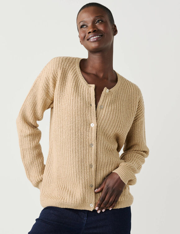 Cardigan &agrave; boutons paillet&eacute;s, maille anglaise (sable)