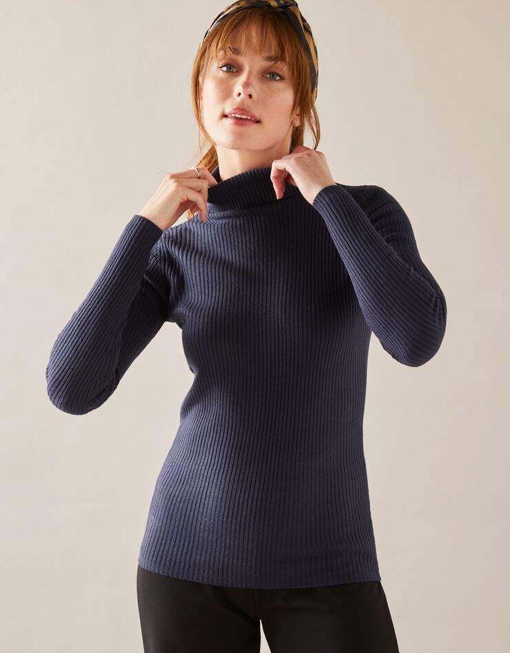 Pull col roulé uni maille côtelée (marine) Pull col roulé uni maille côtelée (marine)