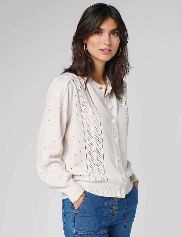 Cardigan boutonné, maille ajourée (écru)