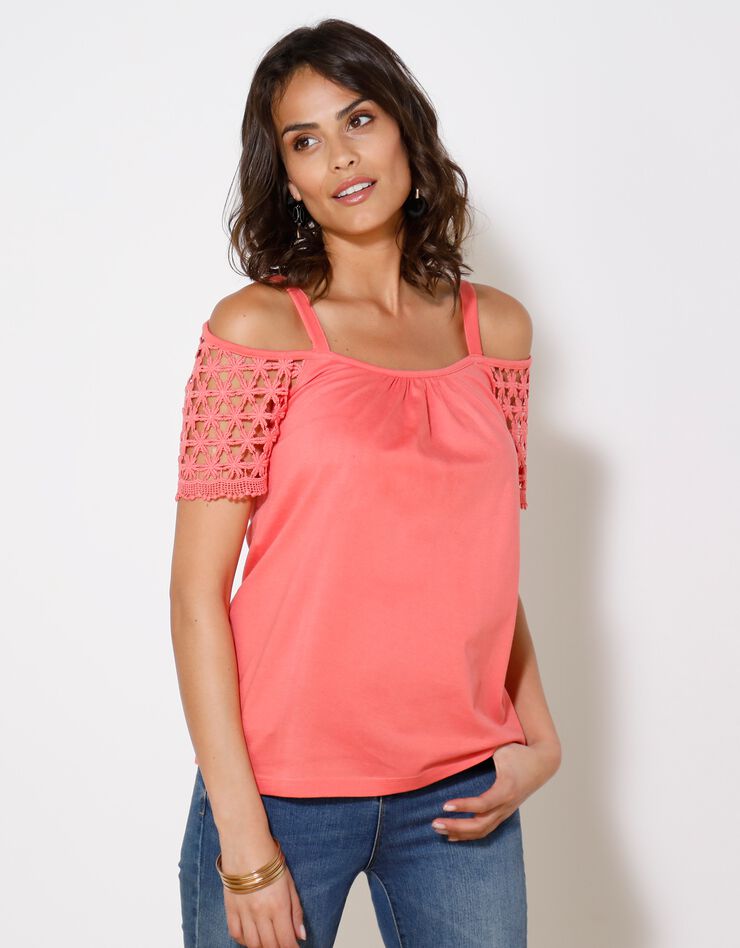 Tee-shirt macramé épaules dénudées (corail) Tee-shirt macramé épaules dénudées (corail)