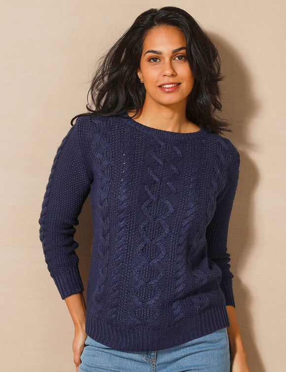 Pull col rond, maille torsadée (marine)
