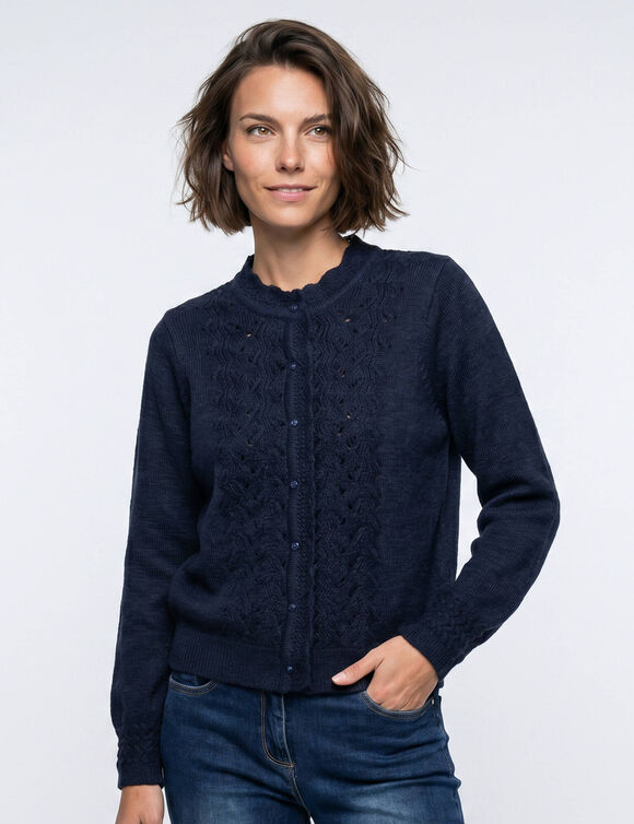Gilet boutonn&eacute; col montant, maille fantaisie  (marine)