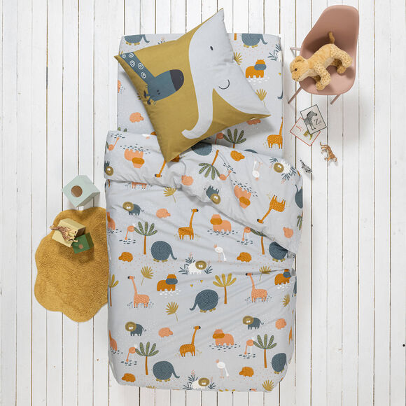 Linge de lit enfant imprimé Zoo - coton  (gris clair)