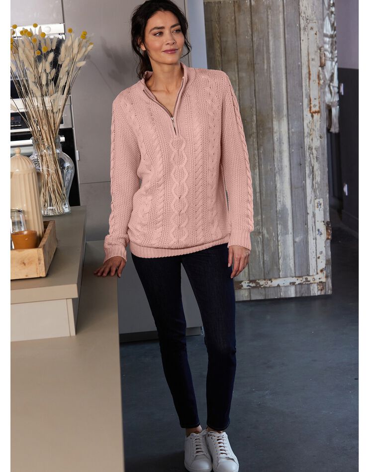 Pull col montant zippé maille torsadée toucher cachemire (rose poudré) Pull col montant zippé maille torsadée toucher cachemire (rose poudré)