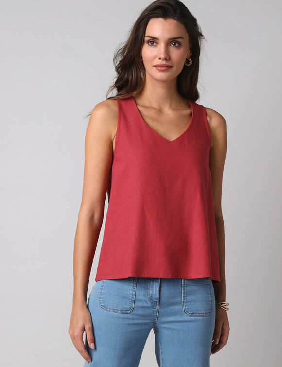 D&eacute;bardeur larges bretelles col V, viscose et lin (bois de rose)