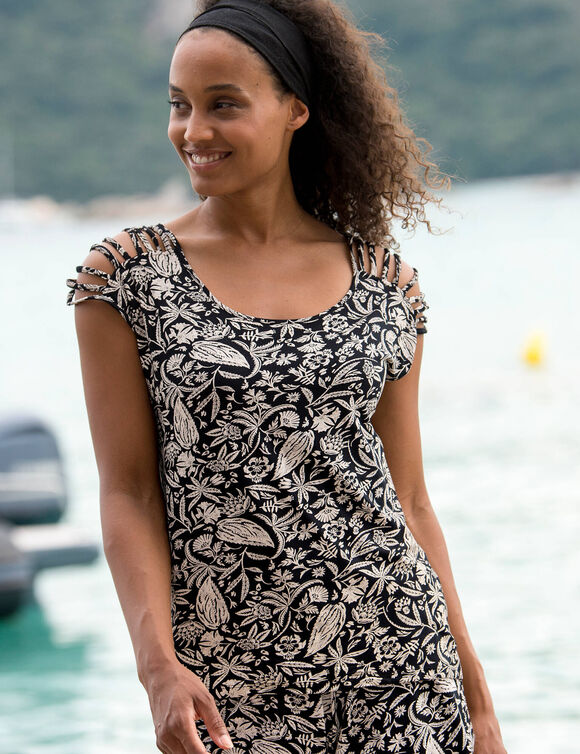 T-shirt laçage épaules imprimé bicolore, maille (noir / blanc)