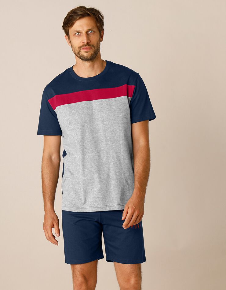 Tee-shirt pyjama tricolore manches courtes (marine / gris chiné) Tee-shirt pyjama tricolore manches courtes (marine / gris chiné)