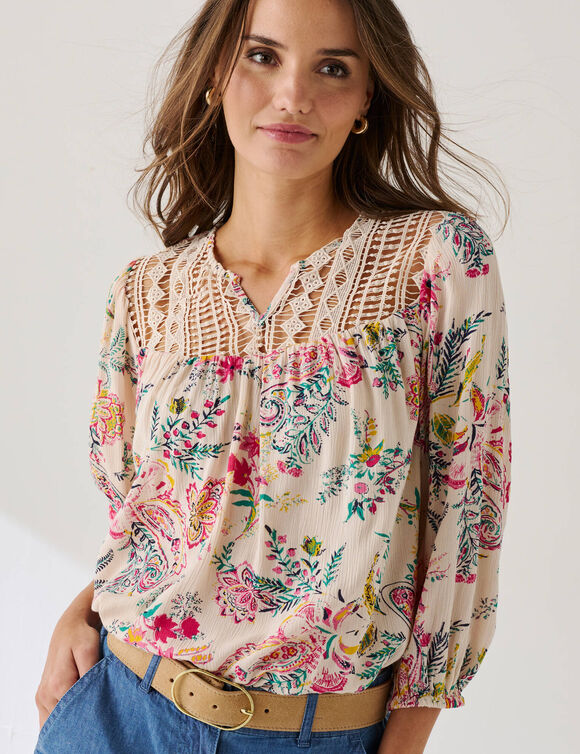 Chemisier macram&eacute; imprim&eacute; (&eacute;cru / rose)