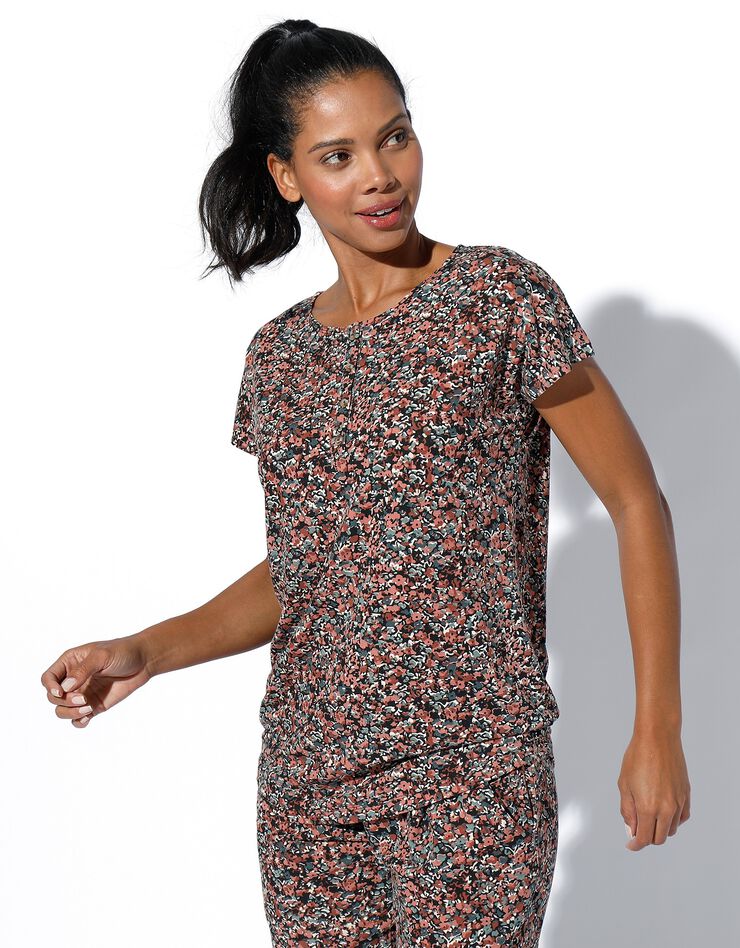 Tee-shirt col tunisien imprimé, maille fluide (bronze / bois de rose) Tee-shirt col tunisien imprimé, maille fluide (bronze / bois de rose)