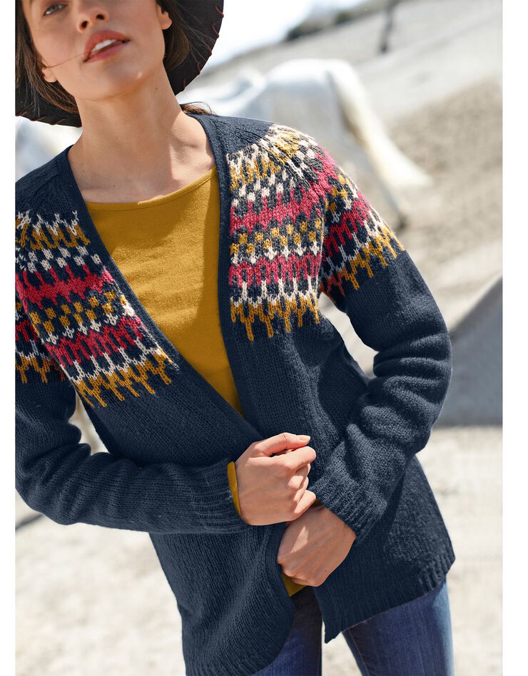 Gilet jacquard porter ouvert toucher mohair (marine) Gilet jacquard porter ouvert toucher mohair (marine)