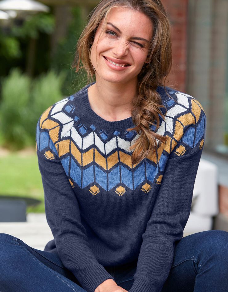 Pull décolleté jacquard (marine / miel) Pull décolleté jacquard (marine / miel)
