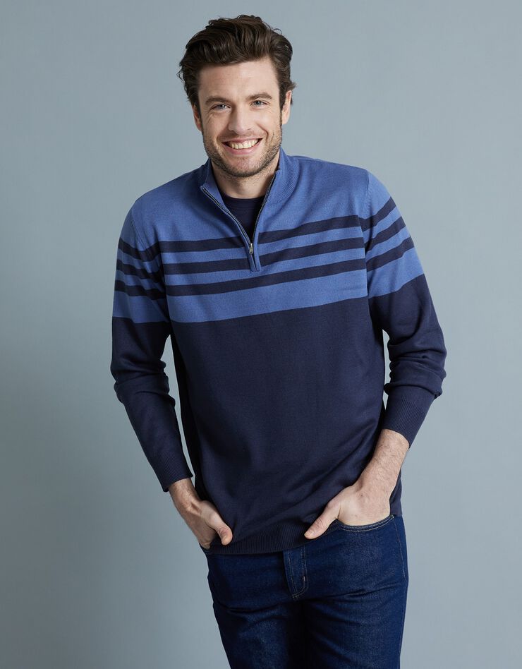 Pull rayé col montant zippé toucher cachemire (marine / bleu)