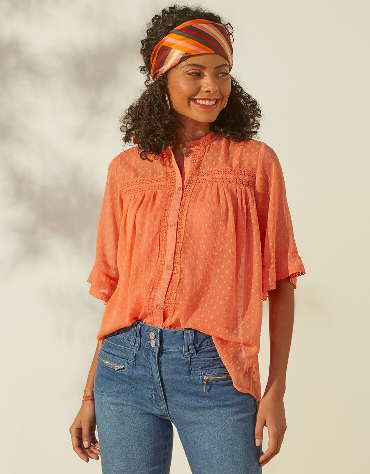 Blouse voile plumetis manches courtes (pêche) Blouse voile plumetis manches courtes (pêche)