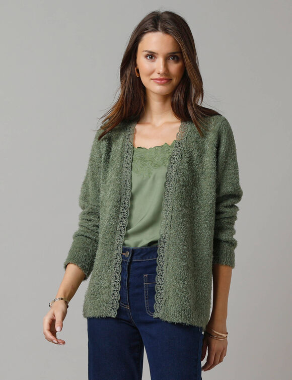 Gilet en maille poilue, détail de macramé (vert)