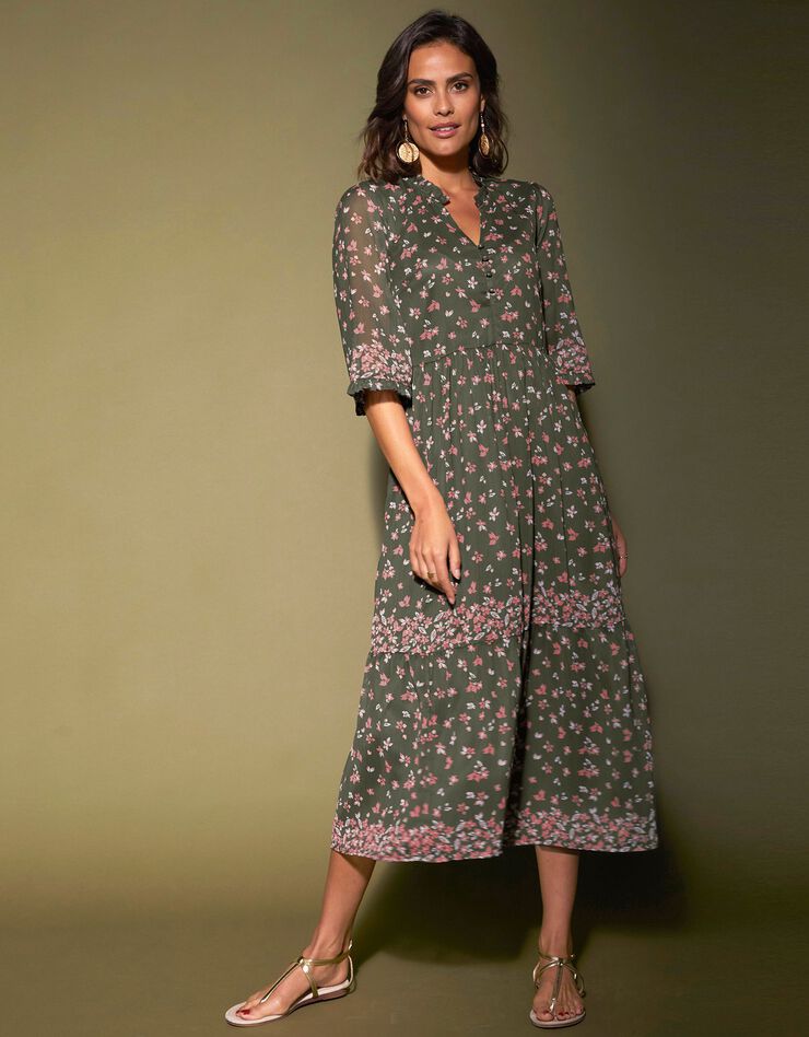 Robe volantée imprimée manches coudes (kaki)