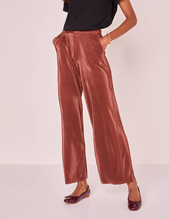 Pantalon irisé, maille plissé (châtaigne)