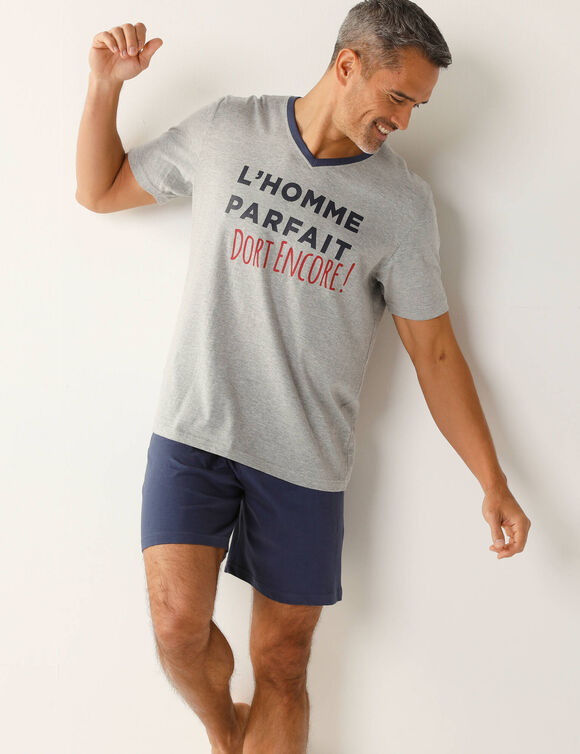 Pyjama short col V imprimé message (gris chiné / marine)