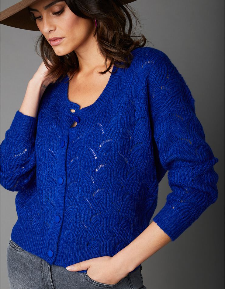 Gilet boutonné en maille ajourée toucher mohair (bleu dur) Gilet boutonné en maille ajourée toucher mohair (bleu dur)