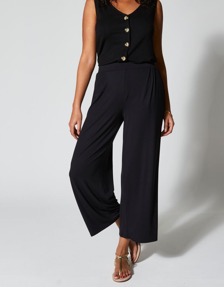Pantalon large 7/8ème taille élastiquée maille fluide unie (noir)