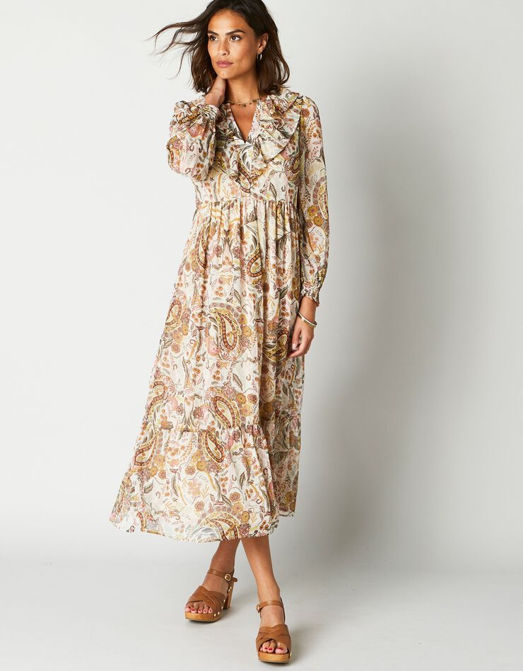 Robe midi volantée imprimée, voile (beige / kaki)