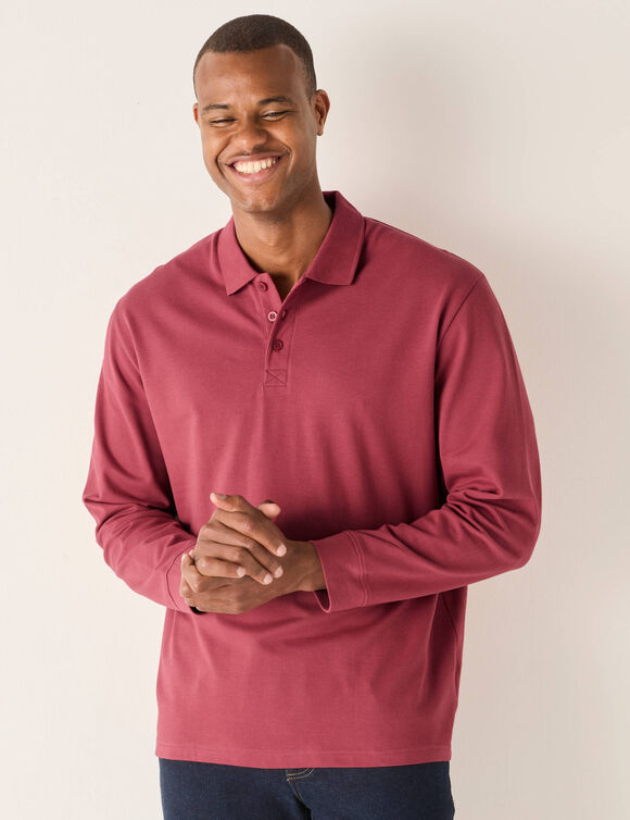 Polo uni maille piqu&eacute;e manches longues (rose fonc&eacute;)