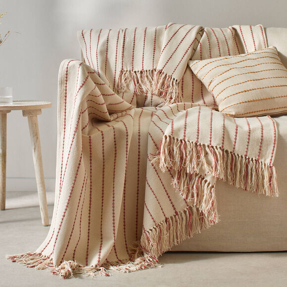 Plaid ou jeté de canapé tissage artisanal (naturel / terracotta)
