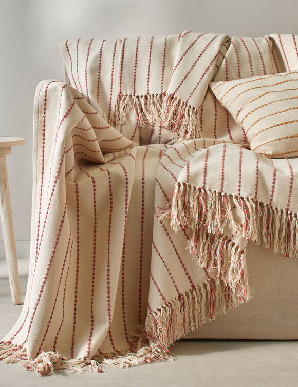 Plaid ou jeté de canapé tissage artisanal (naturel / terracotta)
