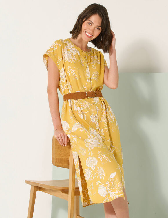 Robe longue boutonnée imprimé végétal, fluide (curry / écru)