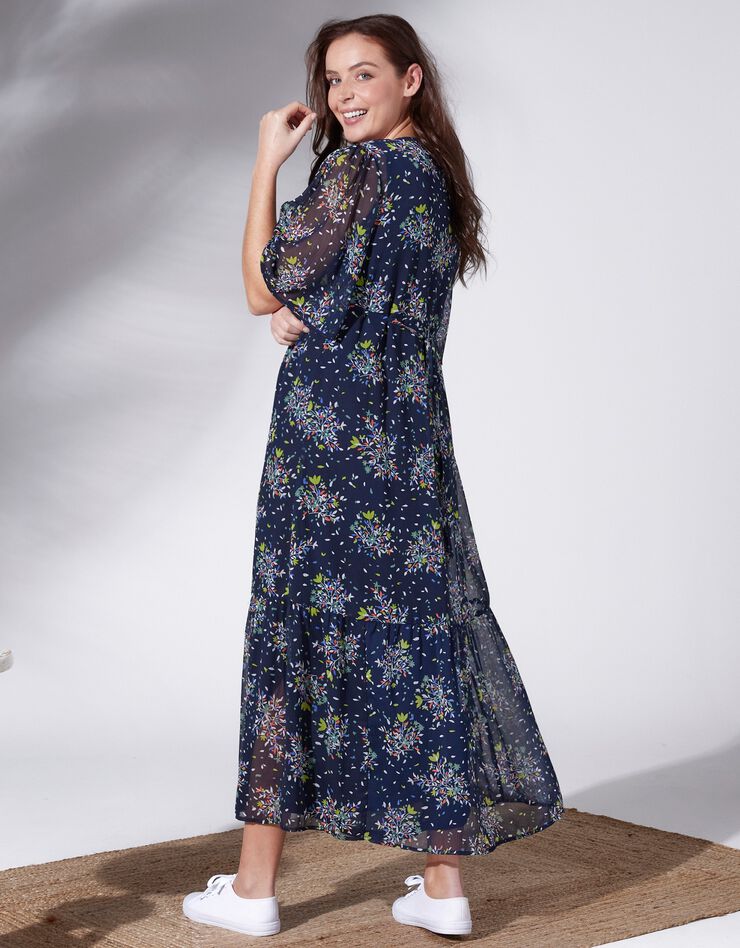 Robe longue en voile imprimé fleuri col V  (marine / anis)