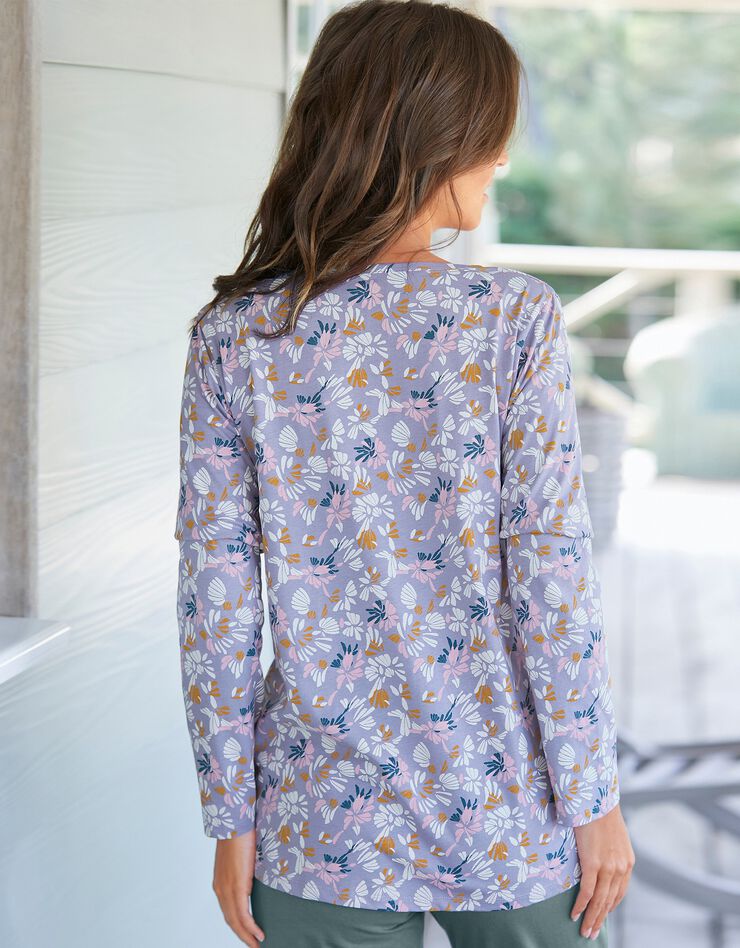 Tee-shirt pyjama manches longues imprimé "pétales de fleurs" (parme / écru)